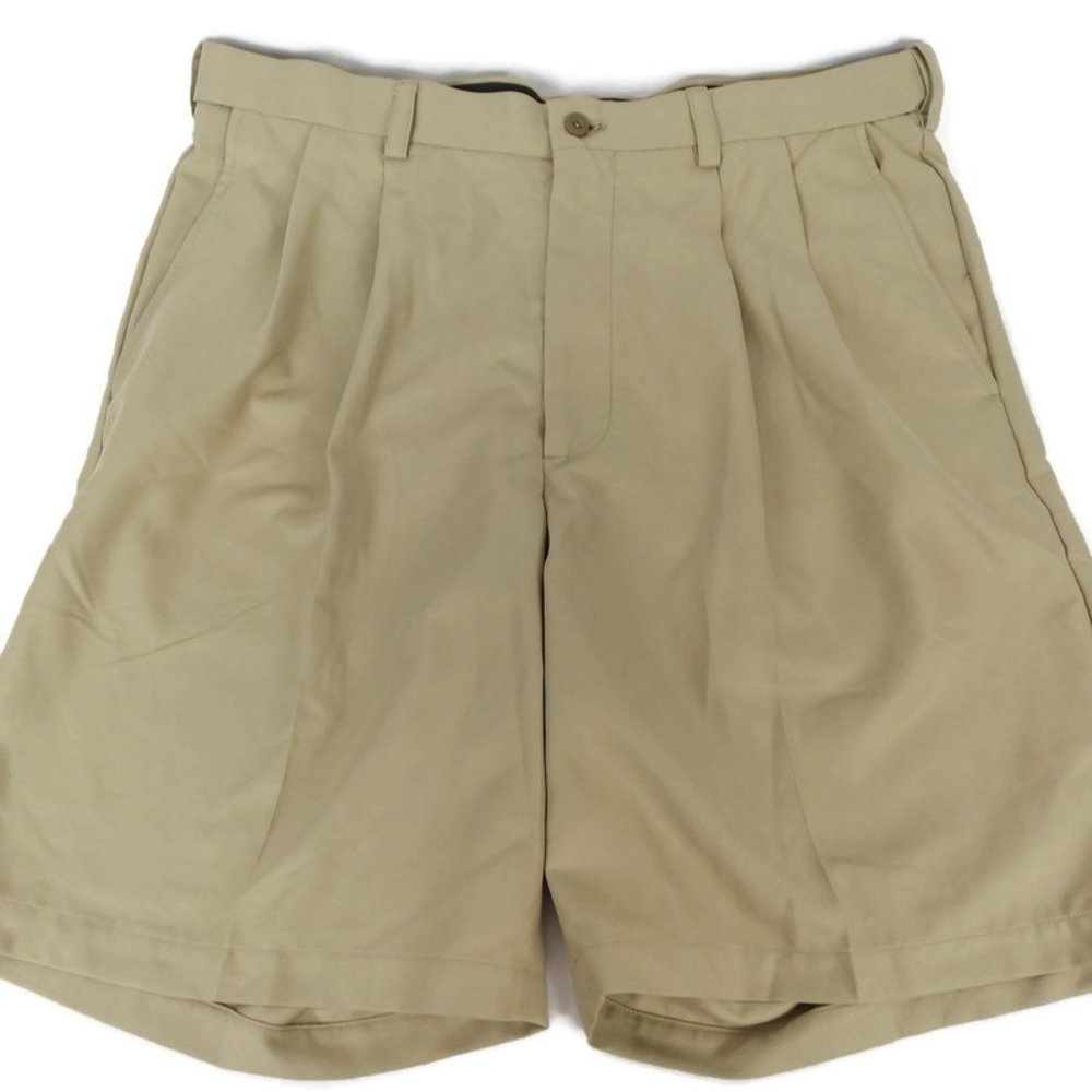 Savane Mens Pleated Front Casual Golf Shorts Pockets Polyester Tan Khaki Size 36
